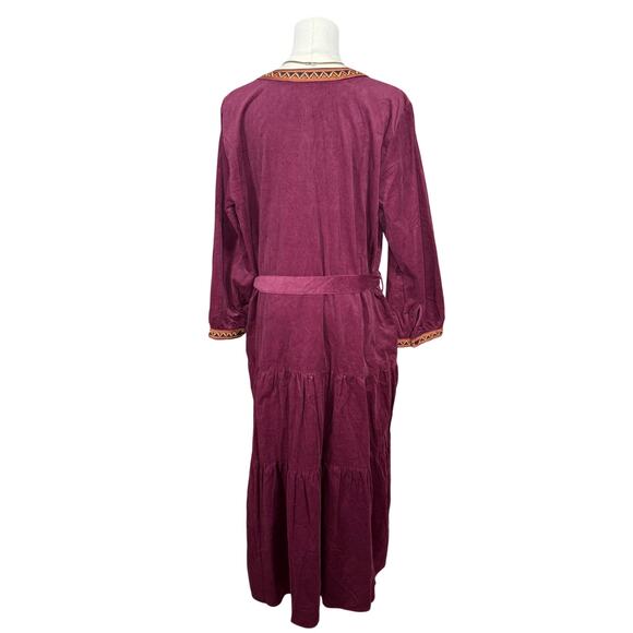 Johnny Was Corduroy Ruffle Midi Dress | Maroon Belted Coastal Cowgirl | NWT | L - Picture 4 of 14